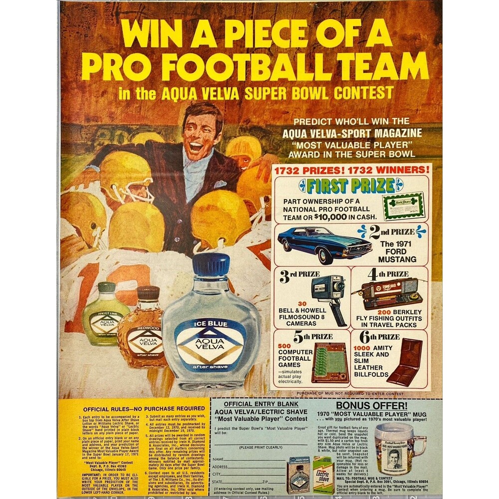 Aqua Velva/Lectric Shave "Most Valuable Player" Super Bowl Contest Print Ad 1970